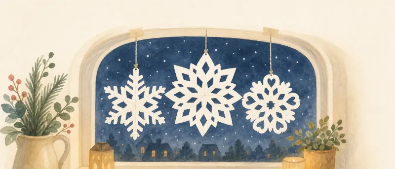 Drei fertige Papier-Schneeflocken hängen an einem Fenster – Titelbild zum Schneeflocken basteln mit Kindern