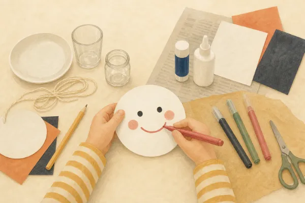 Augen, Mund und rote Wangen werden mit Filzstift auf den flachen Kopf des Schneemanns gemalt