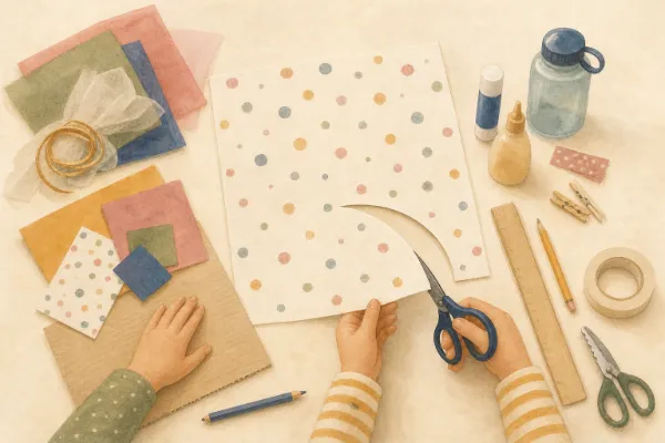 Kinderhände schneiden einen Viertelkreis aus gemustertem Papier für die Schultüte