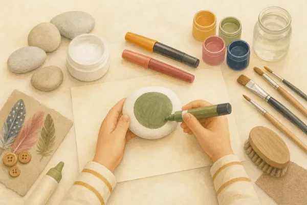 Kinderhände malen mit einem dicken Acrylstift eine runde grüne Fläche auf einen Stein