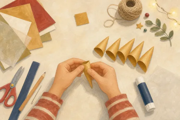 Kinderhände rollen einen Papierstreifen zu einer kleinen Tüte für einen 3D-Stern, weitere gerollte Streifen liegen bereit