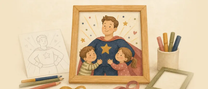 Fertiges Vatertagsgeschenk basteln mit Kindern: ausgemaltes Superhelden-Bild in einem Holzrahmen