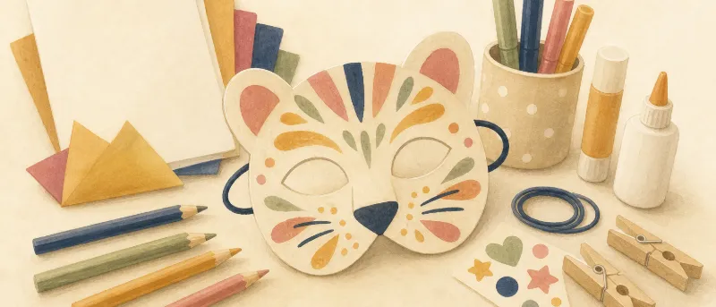 Fertiges Ergebnis aus Bastelvorlagen: bunt bemalte, ausgeschnittene Papiermaske mit Gummiband, daneben Buntstifte auf dem Basteltisch