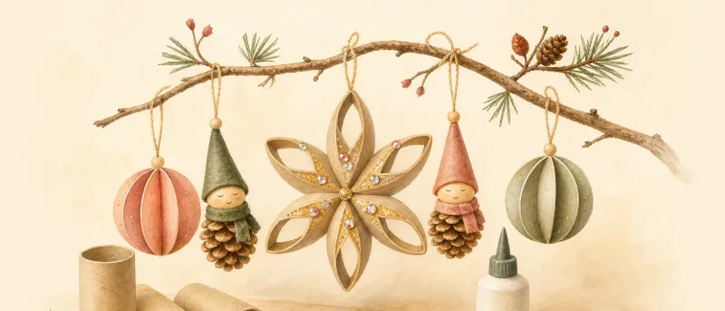 Sterne aus Klopapierrollen, Papierkugeln und Zapfenknirpse an einem Zweig – Weihnachtsbasteln mit Kindern