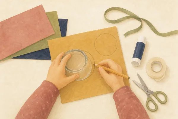 Kinderhände zeichnen mit einem Trinkglas Kreise auf Tonpapier für Papier-Anhänger