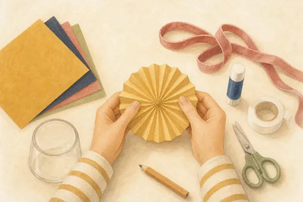 Papier-Anhänger in Origami-Optik wird aufgefaltet und mit Geschenkband verziert