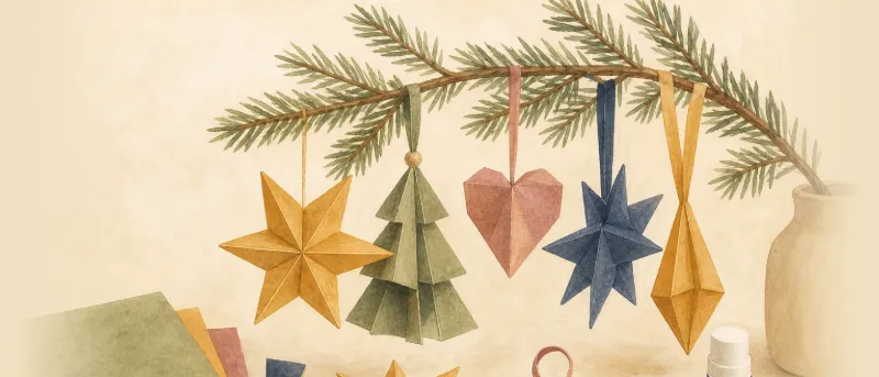 Weihnachtsdeko basteln mit Kindern: fertige Papier-Anhänger und Papiersterne an einem Tannenzweig