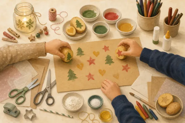 Kinderhände stempeln mit Kartoffelstempeln bunte Weihnachtsmuster auf Tonkarton