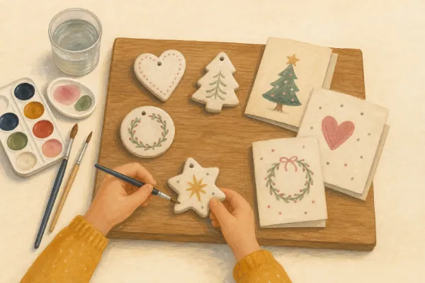 Bemalte Salzteig-Anhänger und Weihnachtskarten trocknen auf einem Holzbrett