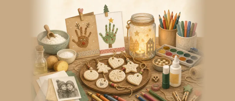 Weihnachtsgeschenke basteln: fertige Salzteig-Anhänger, Handabdruck-Karten und ein Windlicht aus dem Glas auf einem Holztisch