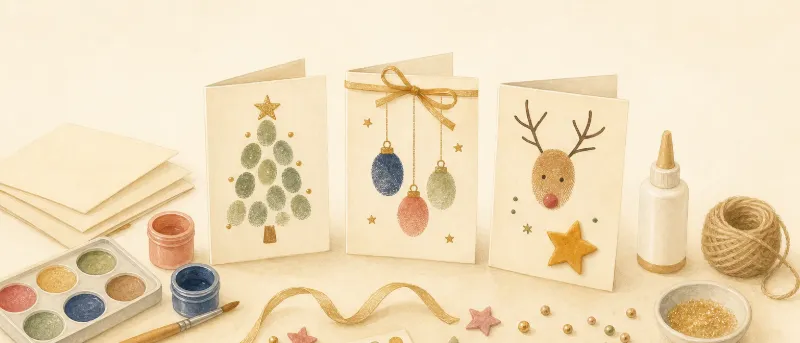 Weihnachtskarten basteln mit Kindern: fertige Klappkarten mit Fingerabdruck-Motiven und Filzstern auf einem Basteltisch