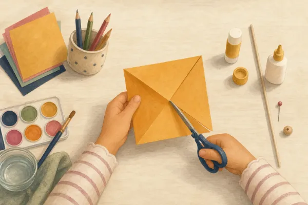 Kinderhände schneiden ein Papierquadrat entlang der gefalteten Diagonalen ein
