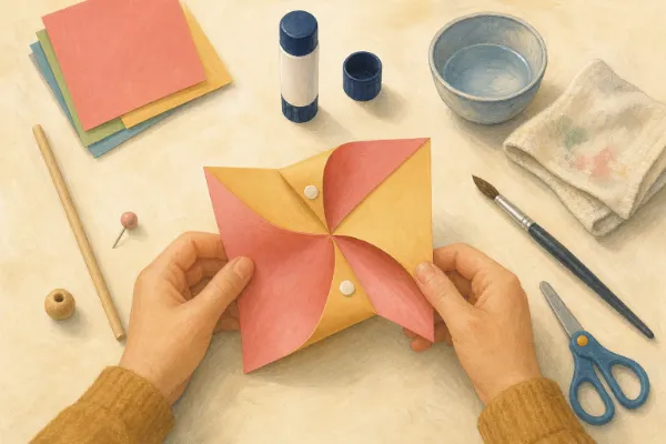 Papierquadrat, bei dem jede zweite Ecke zur Mitte gebogen und festgeklebt wird