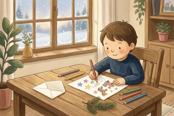 Kind schreibt mit Buntstiften einen Brief an das Christkind – Kachelbild zur Seite Brief an das Christkind