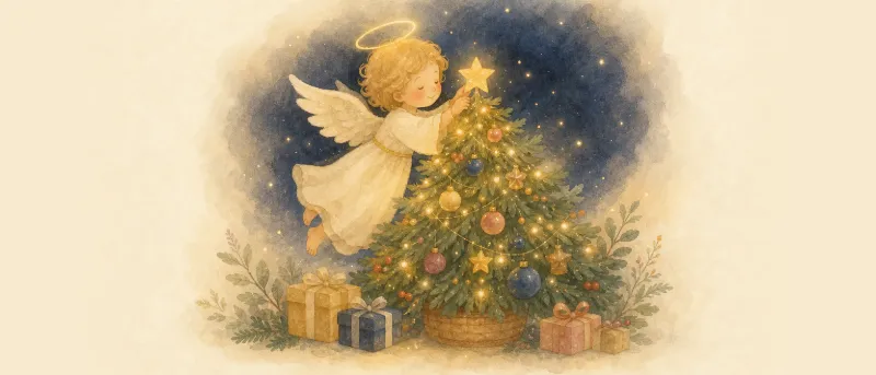 Christkind als engelhaftes Kind mit Flügeln und Heiligenschein neben einem geschmückten Weihnachtsbaum – Überblick zum Christkind für Eltern