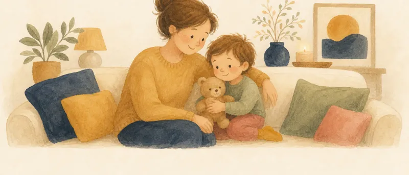 Illustration: Kleinkind mit Kuscheltier auf dem Sofa – Daumenlutschen abgewöhnen mit liebevoller Begleitung