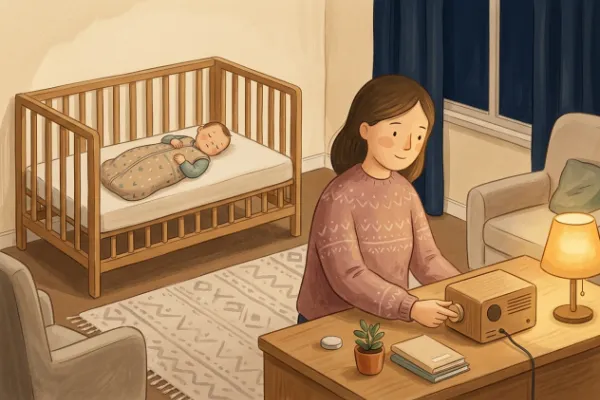 Mutter stellt den Lautsprecher mit Timer für braunes Rauschen auf der Kommode im Kinderzimmer ein, während das Baby schläft.