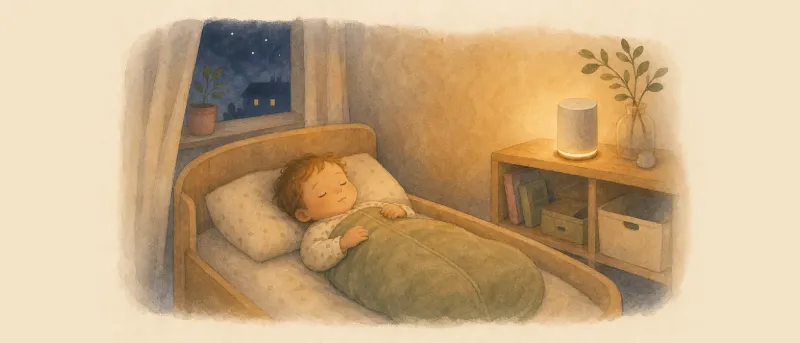 Braunes Rauschen als Einschlafgeräusch: abendliches Kinderzimmer mit Lautsprecher auf dem Regal neben dem Bett