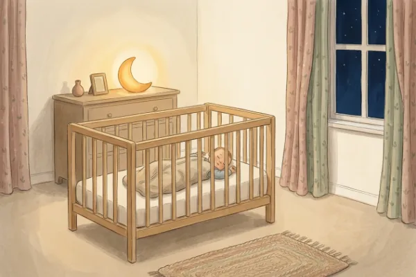 Baby schläft friedlich im Schlafsack im Gitterbett bei sanftem Nachtlicht – beruhigende Einschlafmusik im Kinderzimmer