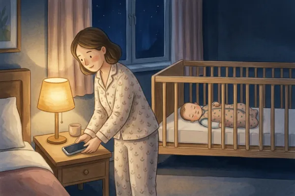 Smartphone mit Timer für beruhigende Spieluhr-Musik am Abend neben dem Babybett