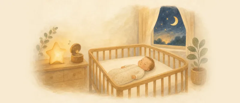 Spieluhr-Musik: Spieluhr mit Nachtlicht neben einem Babybett im abgedunkelten Kinderzimmer