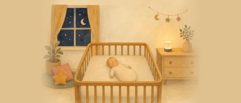 Weißes Rauschen fürs Baby: Friedlich schlafendes Baby im Gitterbett, während auf der Kommode ein sanftes Soundgerät läuft.