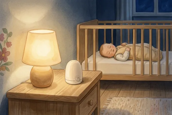 Kleiner Lautsprecher auf dem Nachttisch in gedämpftem Licht