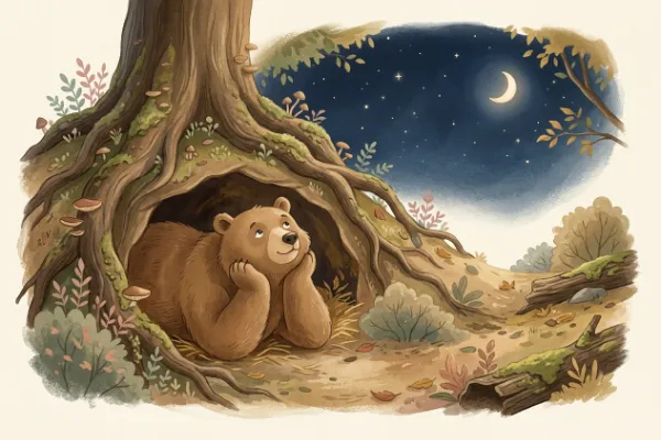 Brauner Bär schaut nachts aus seiner Höhle zu den Sternen – Illustration zur Gute-Nacht-Geschichte