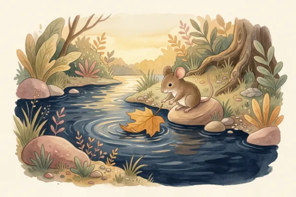 Kleine Feldmaus setzt ein Boot aus einem Ahornblatt in den Bach – Illustration zur Einschlafgeschichte