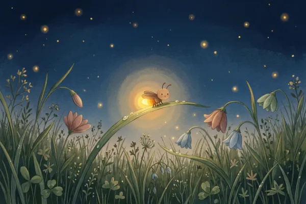 Glühwürmchen Lumi leuchtet sanft über einer dunklen Wiese – Illustration zur Einschlafgeschichte