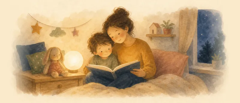 Gedimmtes Kinderzimmer mit warmem Nachtlicht, Kuscheltier und aufgeschlagenem Bilderbuch – Titelbild zu den Geschichten zum Einschlafen