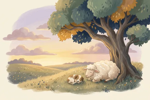 Schaf Selma liegt auf der Wiese und schaut zu Schäfchenwolken – Illustration zur Geschichte für die Kleinsten
