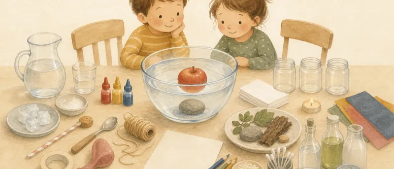 Fertiger Wasserversuch mit Schüssel, Apfel und Stein – Titelbild für Experimente für Kinder