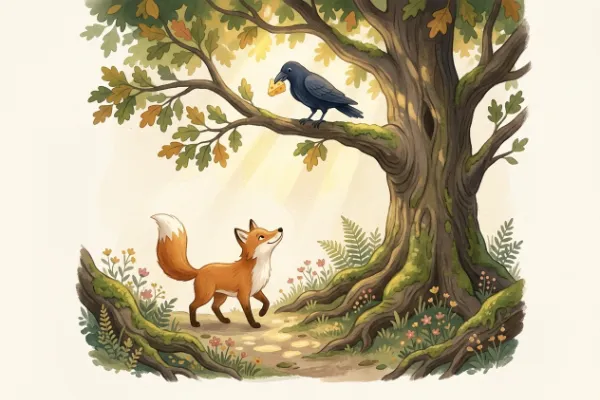 Ein schlauer Fuchs schaut zu dem Raben mit dem Käse hinauf – Fabel zum Vorlesen für Kinder