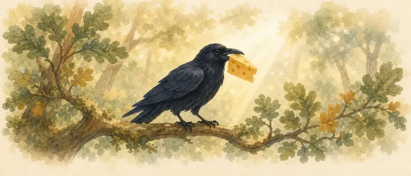 Der Fuchs und der Rabe: Ein Rabe sitzt mit einem Stück Käse im Schnabel auf einem Ast einer alten Eiche – Illustration zur Fabel