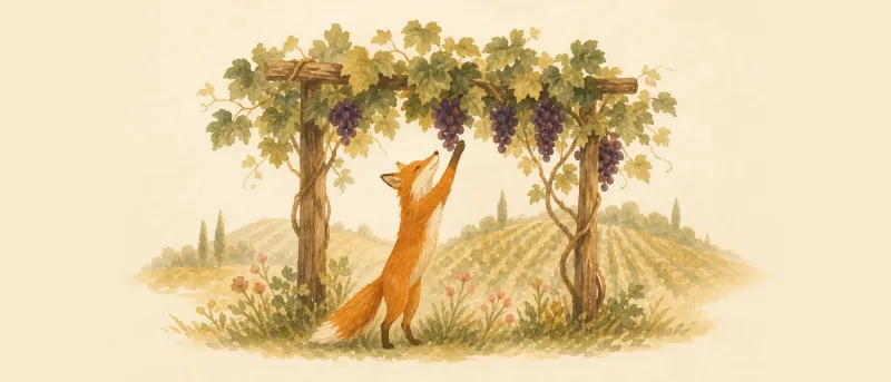 Illustration für Kinder: Ein Fuchs streckt sich nach dunklen Trauben am Rankgerüst – Titelbild zur Fabel Der Fuchs und die Trauben
