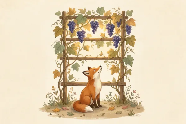 Der Fuchs sitzt unter dem Weinstock und schaut zu den unerreichbaren Trauben hinauf, warmes Abendlicht über dem Weinberg