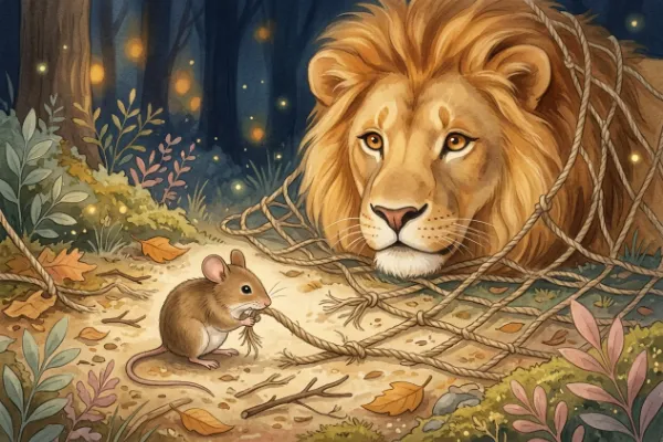 Die kleine Maus nagt mit ihren Zähnen ein starkes Seil durch, mit dem der Löwe am Boden festgebunden ist – Fabel-Illustration für Kinder