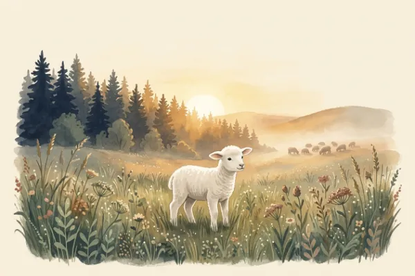 Ein Lämmchen steht allein im hohen Gras, während die Schafherde in der Ferne zieht – kindgerechte Illustration im Bilderbuchstil