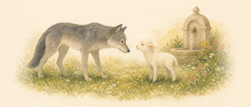 Der Wolf und das Lamm stehen sich auf einer sonnigen Wiese gegenüber, im Hintergrund ein alter Brunnen – zur Fabel Der Wolf und das Lamm