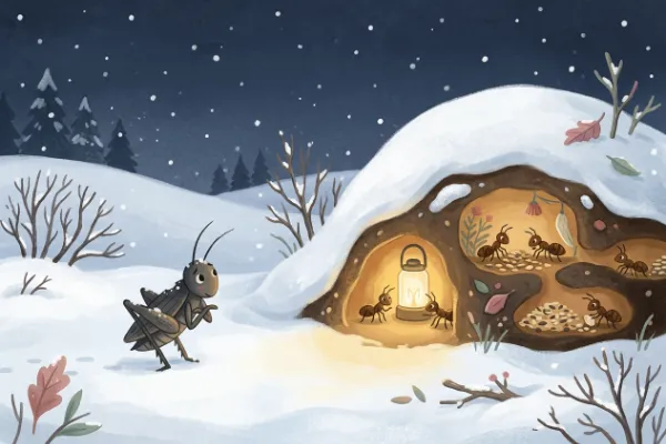 Im Schnee bittet die frierende Grille am Eingang des Ameisenhügels um Futter – Illustration zur Fabel Die Grille und die Ameise.