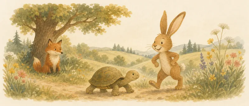 Die Schildkröte und der Hase starten zum Wettlauf über die Wiese – Fabel zum Vorlesen