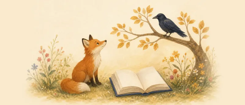 Aufgeschlagenes Bilderbuch mit Fabeln, daneben Fuchs und Rabe auf einer Wiese
