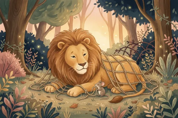 Kleine Maus befreit einen Löwen aus einem Netz, Illustration zu einer Fabel mit Moral