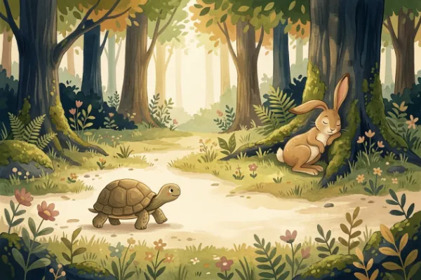 Schildkröte und schlafender Hase auf einem Waldweg, Illustration zu Fabeln für Kinder