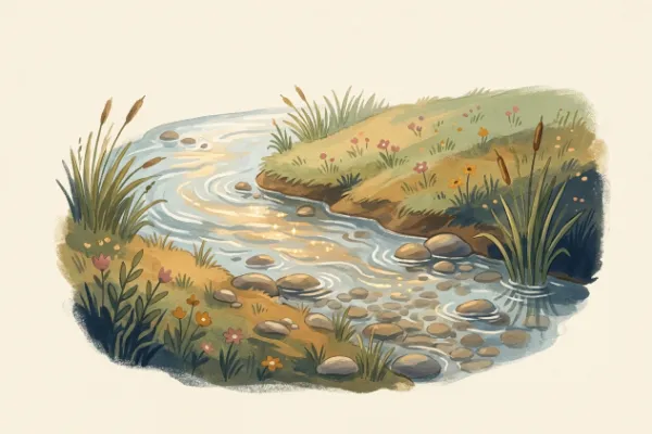 Illustration eines leisen Bachs mit runden Kieselsteinen am Ufer, Fantasiereise zum Entspannen