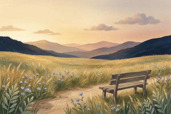 Illustration einer Bergwiese im Abendlicht mit Gräsern und blauen Blumen, Fantasiereise zum Vorlesen