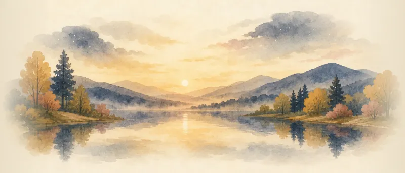 Illustration einer ruhigen Fantasiereise für Kinder: weiche Hügel, ein stiller See und ein warmes Abendlicht am Himmel