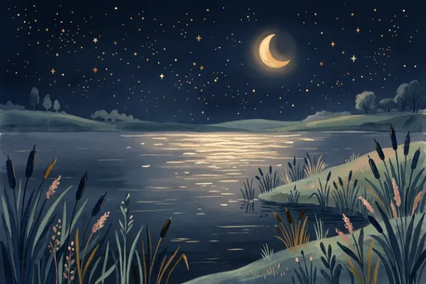 Illustration eines stillen Sees unter einem Sternenhimmel, Fantasiereise zum Einschlafen