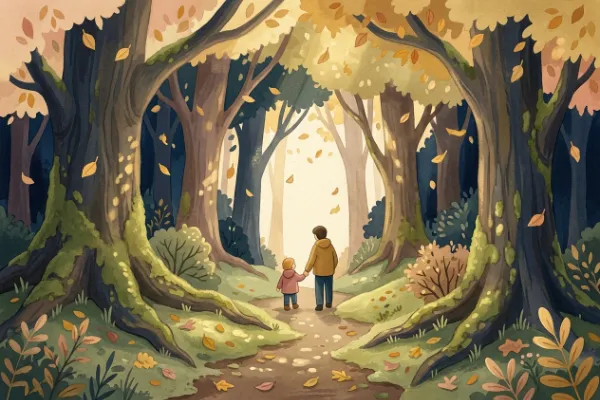 Illustration eines weichen Waldwegs mit Laub und warmem Licht, Fantasiereise durch den Wald